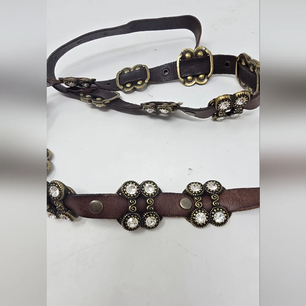 Vtg women brown leather belt brass studs rhinestone accent punk goth whimsygoth.
